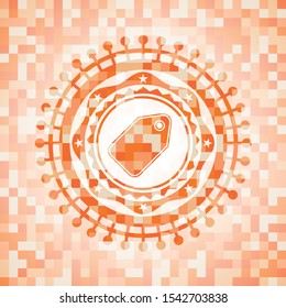 tag icon inside orange tile background illustration. Square geometric mosaic seamless pattern with emblem inside.