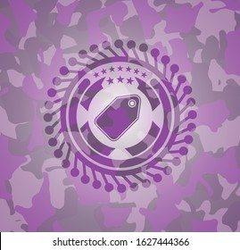 tag icon inside pink and purple camouflage emblem