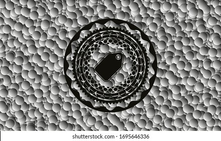 icono de etiqueta dentro de un emblema oscuro realista con fondo de burbujas grises. Ilustración vectorial. Detallado.