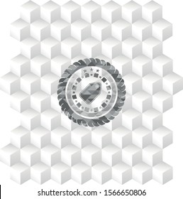 tag icon inside realistic grey emblem with cube white background