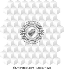 tag icon inside realistic grey emblem with geometric cube white background