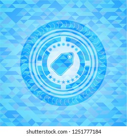 tag icon inside realistic light blue mosaic emblem