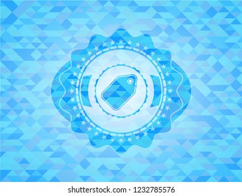 tag icon inside realistic sky blue emblem. Mosaic background