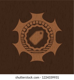 tag icon inside realistic wooden emblem
