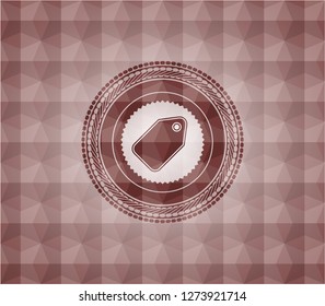 tag icon inside red emblem with geometric pattern background. Seamless.