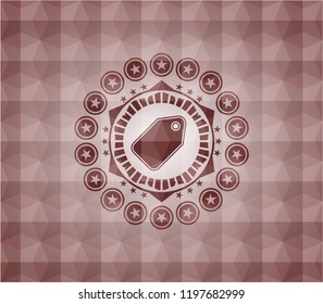  tag icon inside red seamless emblem or badge with abstract geometric polygonal pattern background.