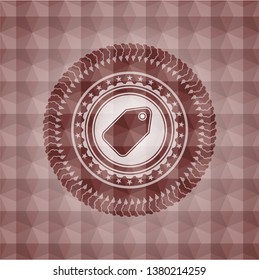 tag icon inside red seamless emblem or badge with abstract geometric polygonal pattern background.