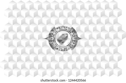 tag icon inside retro style grey emblem with geometric cube white background