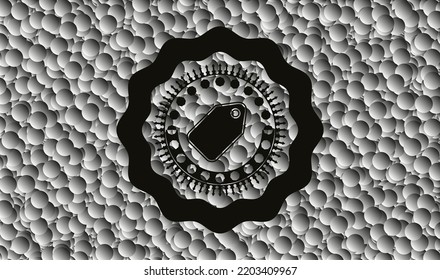 tag icon inside retro style black emblem with grey bubbles background. Vector Illustration. Detailed. 