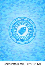 tag icon inside sky blue emblem with triangle mosaic background