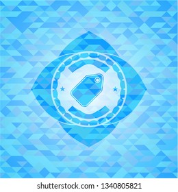 tag icon inside sky blue emblem with triangle mosaic background