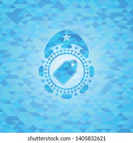 tag icon inside sky blue emblem. Mosaic background