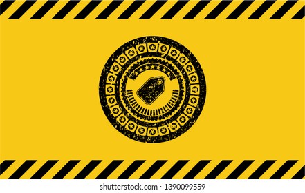 tag icon inside warning sign, black grunge emblem. Vector Illustration. Detailed.