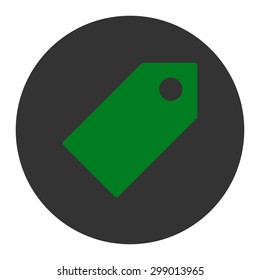 Tag icon from Primitive Round Buttons OverColor Set. This round flat button is drawn with green and gray colors on a white background.