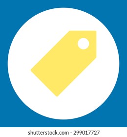 Tag icon from Primitive Round Buttons OverColor Set. This round flat button is drawn with yellow and white colors on a blue background.