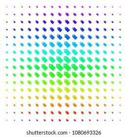 Tag icon rainbow colored halftone pattern. Vector tag items arranged into halftone grid with vertical spectral gradient. Designed for backgrounds, covers and abstraction effects.