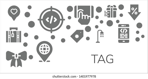 tag icon set. 11 filled tag icons.  Simple modern icons about  - Location, Code, Luggage, Price tag, Ribbon, Shower, Tap, Gift, Coding, Sale