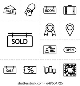 Tag icon. set of 13 outline tag icons such as badge, ribbon, sold tag, open, suitcase, location pin, ticket on sale, luggage, qr code