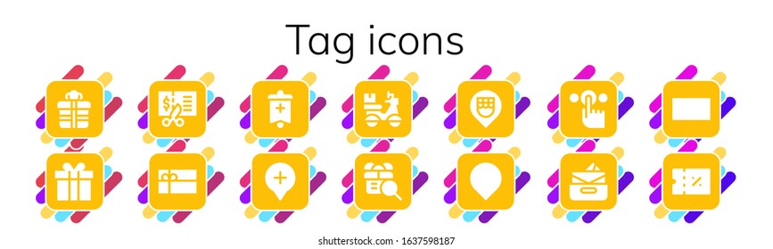 tag icon set. 14 filled tag icons. Included Gift, Voucher, Gift card, Banner, Location, Delivery, Tap, Inbox, Sale, Coupon icons