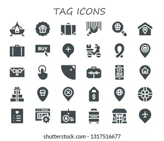 tag icon set. 30 filled tag icons.  Simple modern icons about  - Fair ship, Sticker, Baggage, Barcode, Gift, Location, Suitcase, Buy, Delivery, Ribbon, Pin, Tap, Shower, Coding