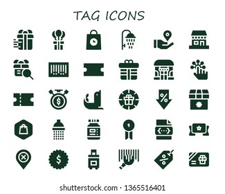 tag icon set. 30 filled tag icons.  Simple modern icons about  - Gift, Delivery, Shower, Location pin, Shop, Barcode, Coupon, Tap, Sale time, Seal, Sale, Shopping, Ink, Badge