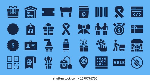 tag icon set. 32 filled tag icons. on blue background style Collection Of - Gift, Coupon, Badge, QR, Delivery, Label, ID, Bookmark, Shower, Banner, Ribbon, Suitcase, Tea bag, Pin