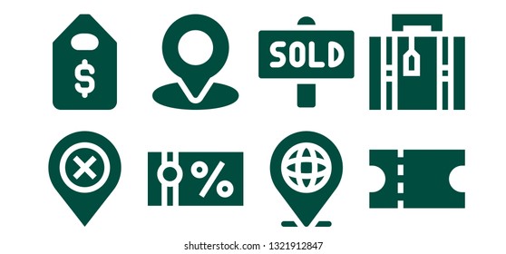 tag icon set. 8 filled tag icons.  Collection Of - Location, Price tag, Gift voucher, Sold, Coupon, Luggage