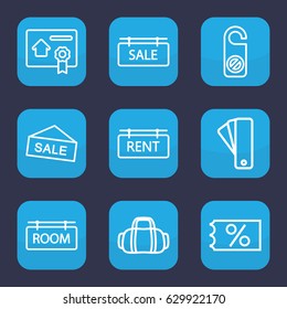 Tag icon. set of 9 outline tag icons such as do not disturb, bill of house sell, sport bag, ticket on sale