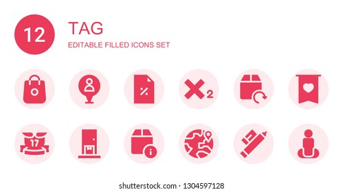 tag icon set. Collection of 12 filled tag icons included Shopping, Pin, Discount, Subscript, Delivery, Ribbons, Location, Marker, Badge, Position
