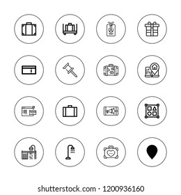 Tag icon set. collection of 16 outline tag icons with coupon, gift, location, luggage, map location, pin, press card, shapes, shopping online, promotion, shower icons.