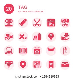 tag icon set. Collection of 20 filled tag icons included Scanner, Bullet, Cut, Code, Sales, Delivery, Subscript, Pin, Discount, Luggage, Barcode, Ink, Banner, Shower, Css, Bookmark