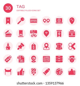 tag icon set. Collection of 30 filled tag icons included Bookmark, Pin, Barcode, Location, Sale, Scanner, Delivery, Sales, Banner, Delivery man, Label, Leather, Js, Css, Inboxes