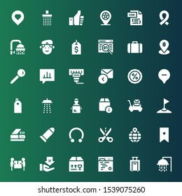 tag icon set. Collection of 36 filled tag icons included Shower, Luggage, Code, Delivery, Discount, Bookmark, Location, Cut, Piercing, Bullet, Scanner, Corner, Delivery man, Price tag