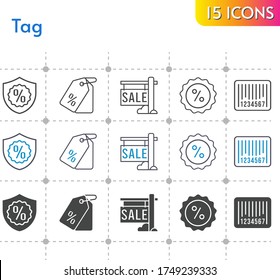 tag icon set. included sale, price tag, warranty, discount, barcode icons on white background. linear, bicolor, filled styles.