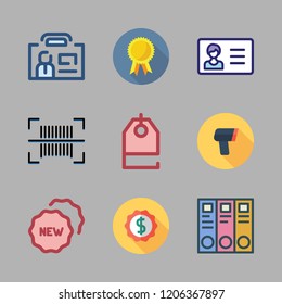 tag icon set. vector set about badge, archive id, scanning and barcode icons set.
