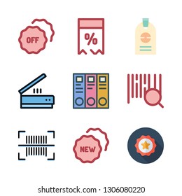 tag icon set. vector set about archive id, badges, scanning and price tag icons set.