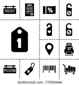 Tag icons. set of 13 editable filled tag icons such as do not disturb, barcode, location, camera printing photo, bill of house, ticket on sale