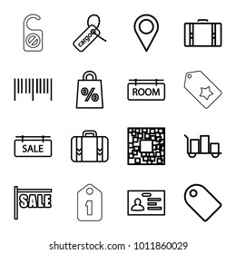 Tag icons. set of 16 editable outline tag icons such as badge, barcode, sale, luggage, qr code, shopping sale, suitcase, location pin