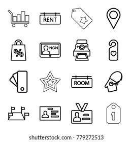 Tag icons. set of 16 editable outline tag icons such as badge, locations, shopping sale, camera printing photo, location pin, star