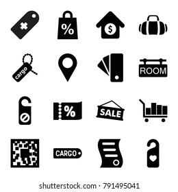 Tag icons. set of 16 editable filled tag icons such as do not disturb, location, qr code, sale, shopping sale, bill of house sell, sport bag