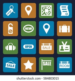 tag icons set. Set of 16 tag filled icons such as Star, do not disturb, badge, bill of house sell, open, sport bag, suitcase, location pin, sale, new, location