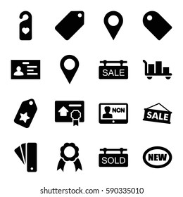 tag icons set. Set of 16 tag filled icons such as badge, ribbon, bill of house sell, location pin, sale, new, luggage