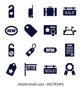tag icons set. Set of 16 tag filled icons such as do not disturb, ribbon, bill of house sell, bill of house, open, suitcase, locations, sale