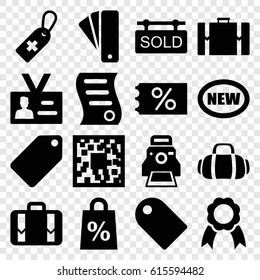 Tag icons set. set of 16 tag filled icons such as luggage, badge, ribbon, camera printing photo, bill of house sell, sport bag, suitcase, shopping sale, new, ticket on sale