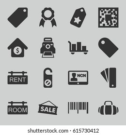Tag icons set. set of 16 tag filled icons such as do not disturb, ribbon, camera printing photo, house sale, sport bag, badge, sale, barcode, luggage