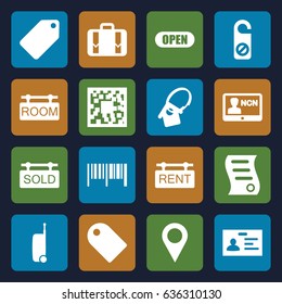 Tag icons set. set of 16 tag filled icons such as do not disturb, badge, luggage, bill of house sell, open, suitcase, location pin, barcode