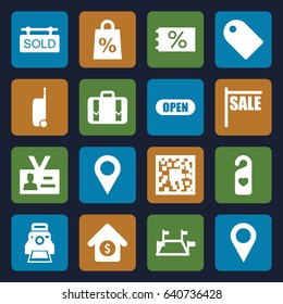 Tag icons set. set of 16 tag filled icons such as luggage, badge, camera printing photo, house sale, open, suitcase, location pin, locations, shopping sale, location