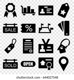 Tag icons set. set of 16 tag filled icons such as badge, ribbon, bill of house sell, bill of house, open, locations, ticket on sale, luggage