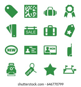 Tag icons set. set of 16 tag filled icons such as star, badge, luggage, ribbon, camera printing photo, sport bag, suitcase, locations, new