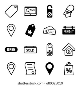 Tag icons set. set of 16 tag filled and outline icons such as do not disturb, open, location pin, house sale, bill of house sell, badge, location, sale